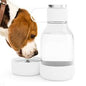 Beagle dog drinking water from a white portable pet water bottle