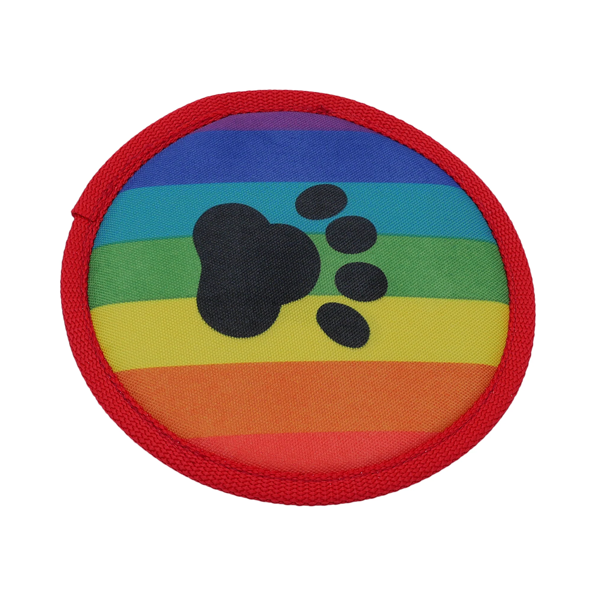 Rainbow colored pet toy with a black paw print in the center