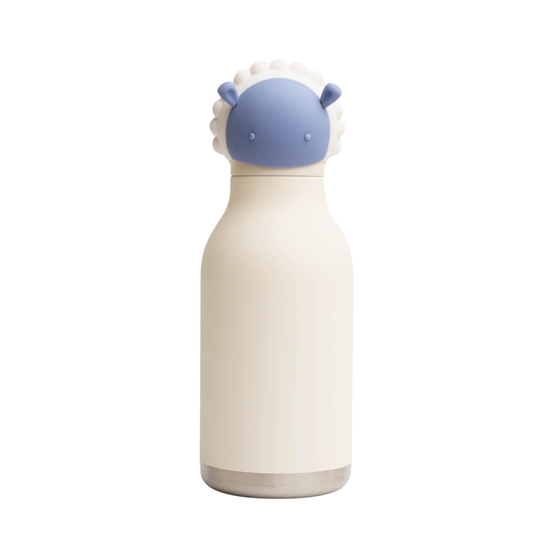Cream-colored water bottle with a blue and white sheep head as the lid