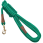 Green rope dog leash with a brass snap hook and brown leather accents