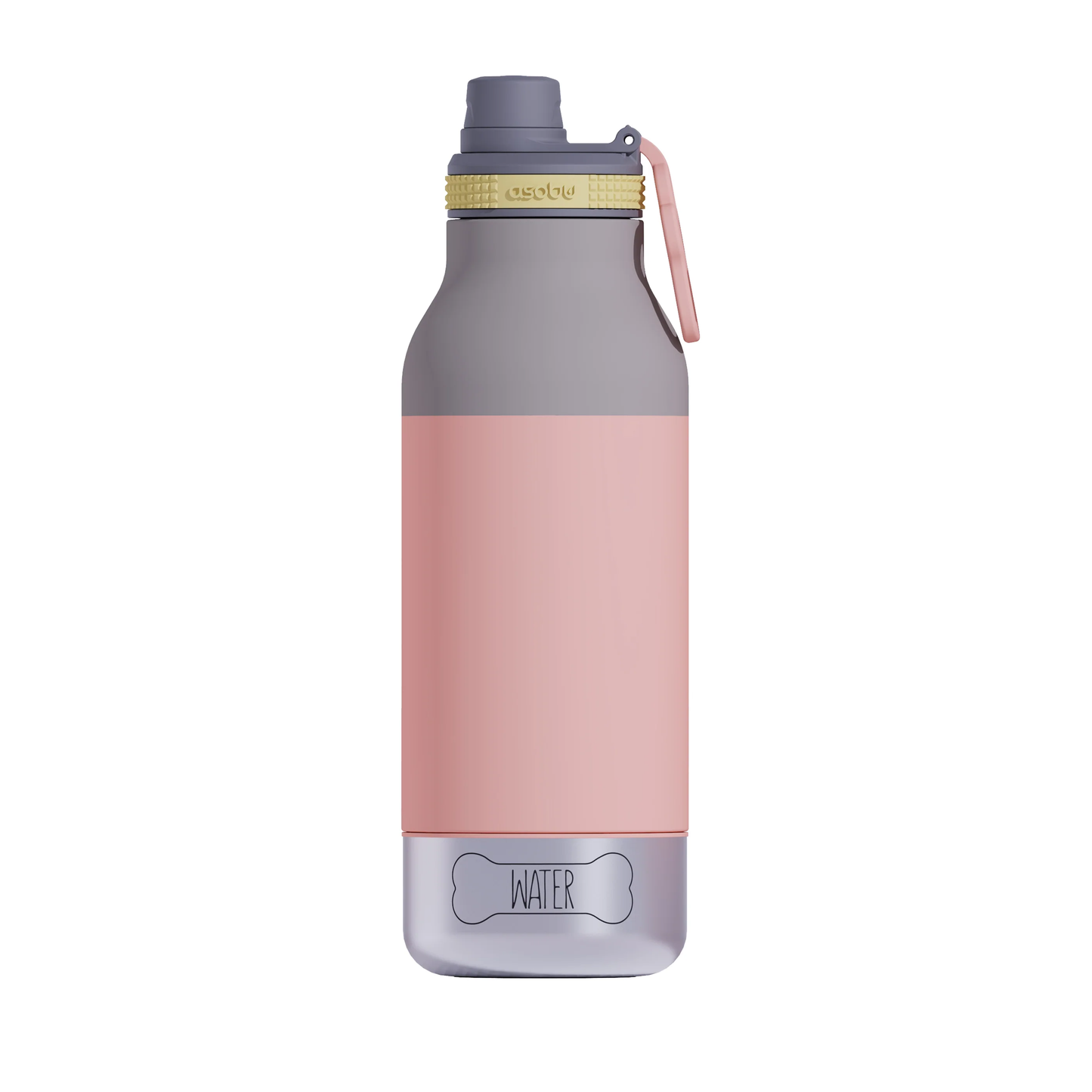 Asobu Barky Bottle- 34oz in pink and gray with a bone-shaped water bowl at the base