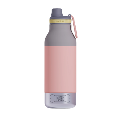 Asobu Barky Bottle- 34oz in pink and gray with a bone-shaped water bowl at the base