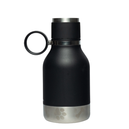 Black stainless steel water bottle with a silver base and a paw print and bone design