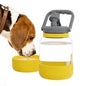 Beagle drinking from a yellow bowl next to a yellow and grey portable pet water bottle