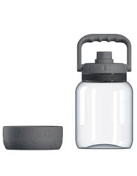 Clear water bottle with dark grey lid and handle, next to a dark grey silicone boot