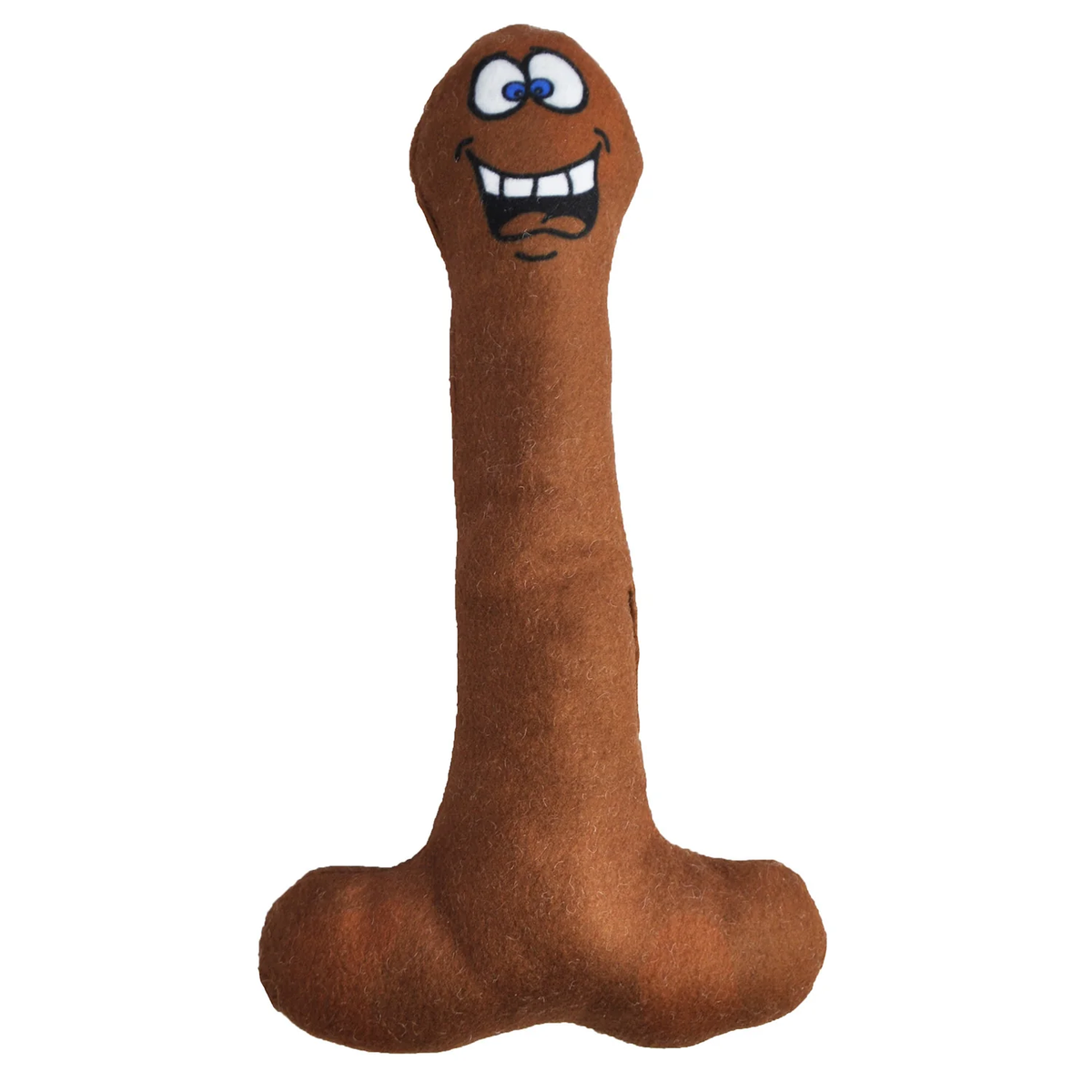 Brown plush toy with a smiling face and blue eyes