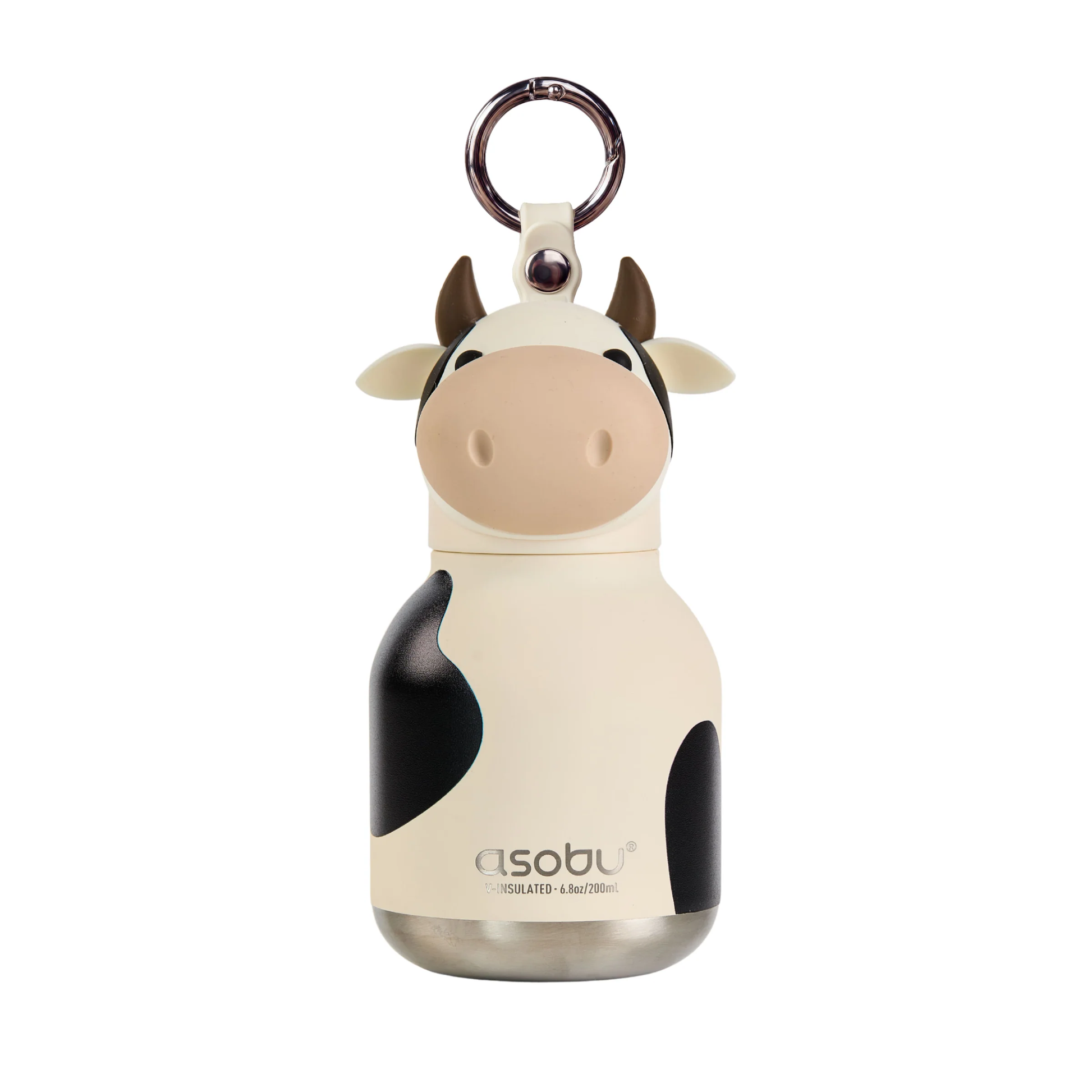 Asobu insulated mini water bottle in a cow design with a keychain