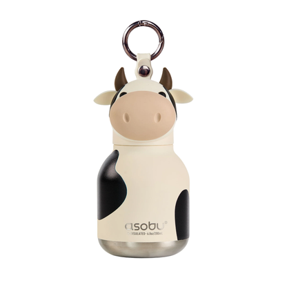Asobu insulated mini water bottle in a cow design with a keychain