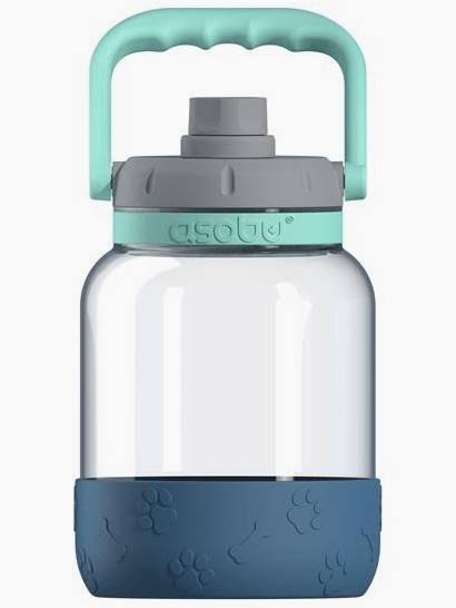 Asobu The Barkley 50oz water bottle with a clear body, blue base with paw prints, and a mint green handle
