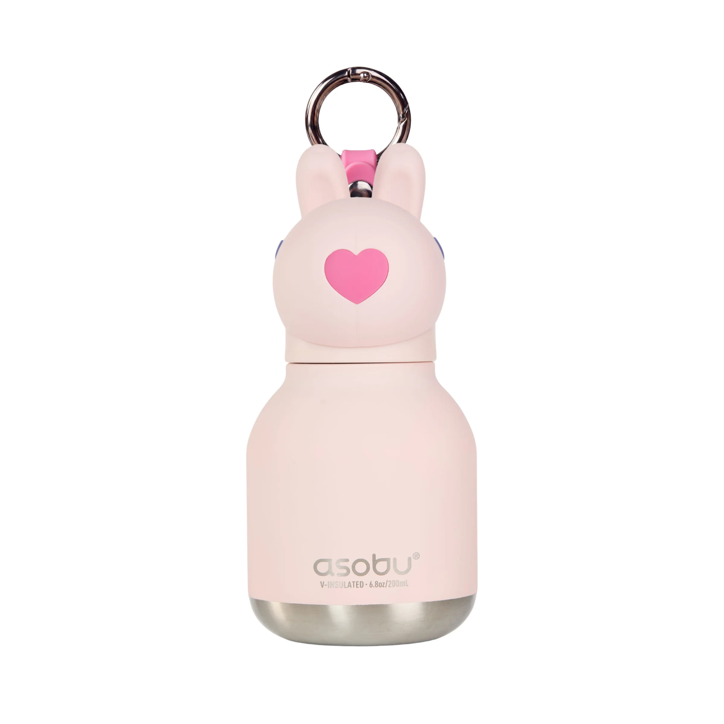 Pink Asobu mini bunny bottle with a heart on the front and a silver keyring on top