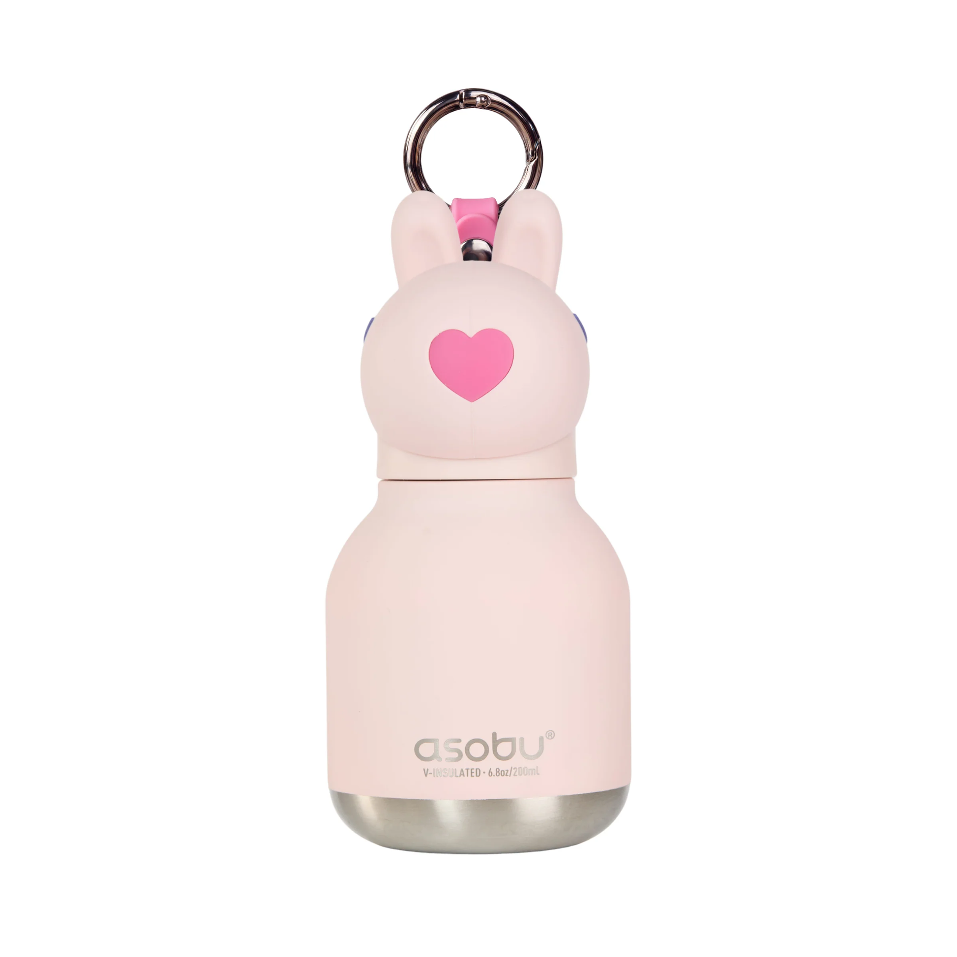 Pink Asobu mini bunny bottle with a heart on the front and a silver keyring on top