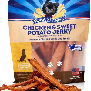 Kona's Chips Chicken Jerky and Chicken Treats bag with treats spilling out