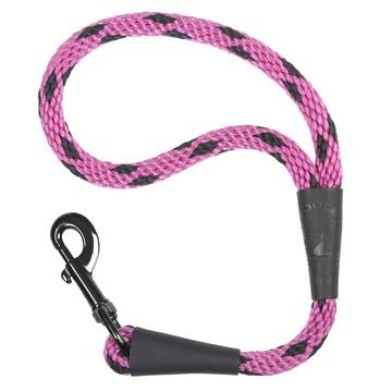 Pink and black braided nylon dog leash with a black metal swivel snap hook