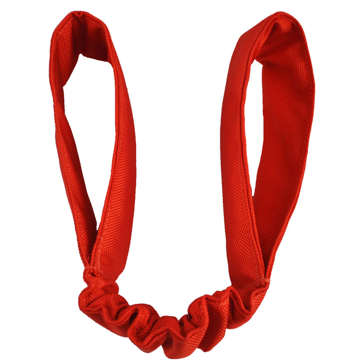 Red fabric resistance band with two loops and a gathered center