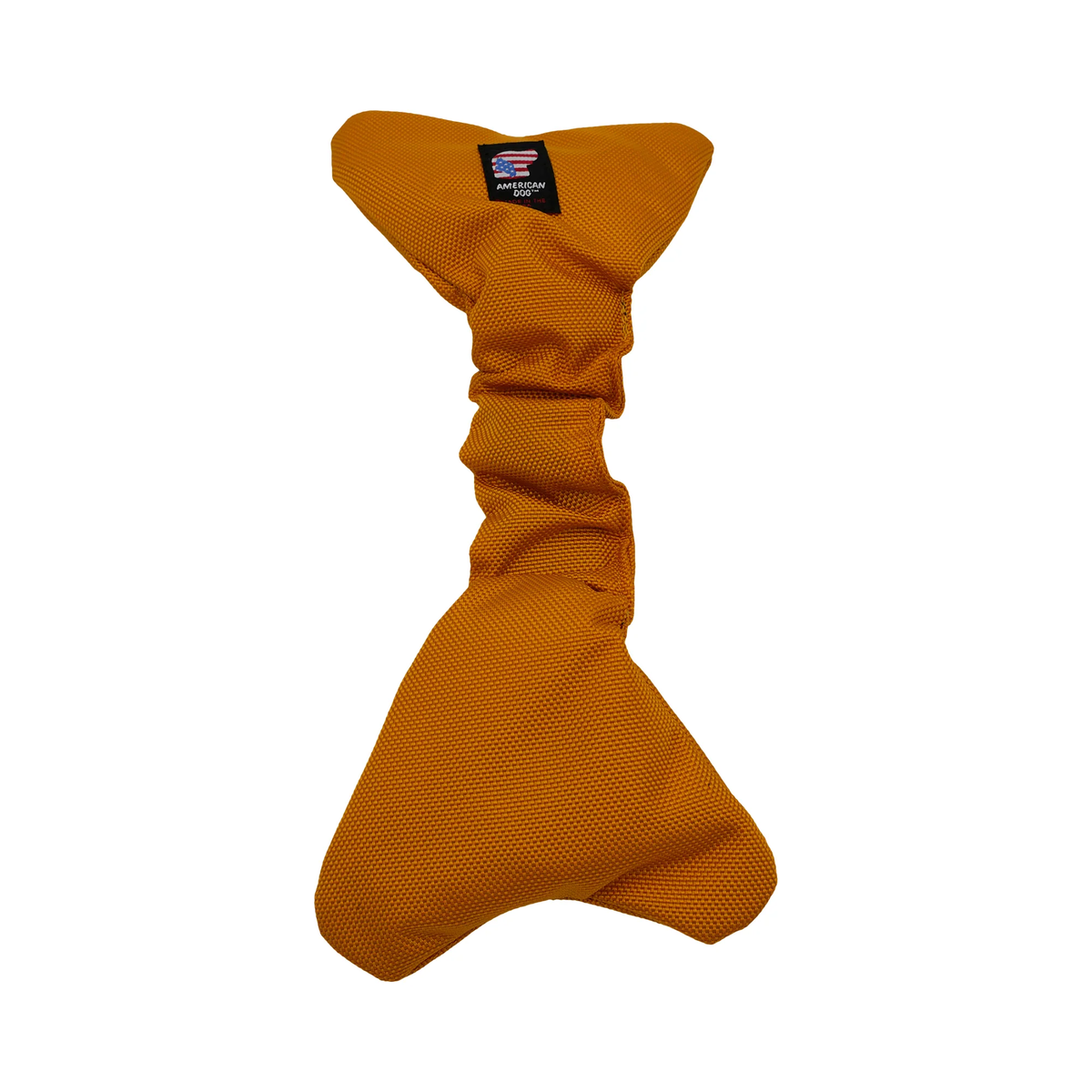 Orange American Dog tug toy with a black label featuring an American flag and the brand name