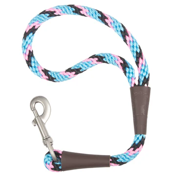 Blue, pink, and black braided rope leash with a silver metal clip and brown rubber accents