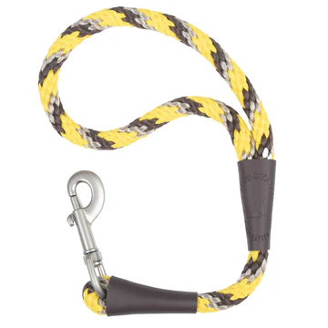 Yellow, black, and grey braided rope leash with a silver metal clip and dark grey rubber accents