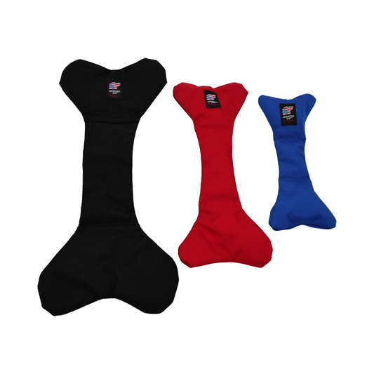 American Dog Armor Toys in black, red, and blue bone shapes