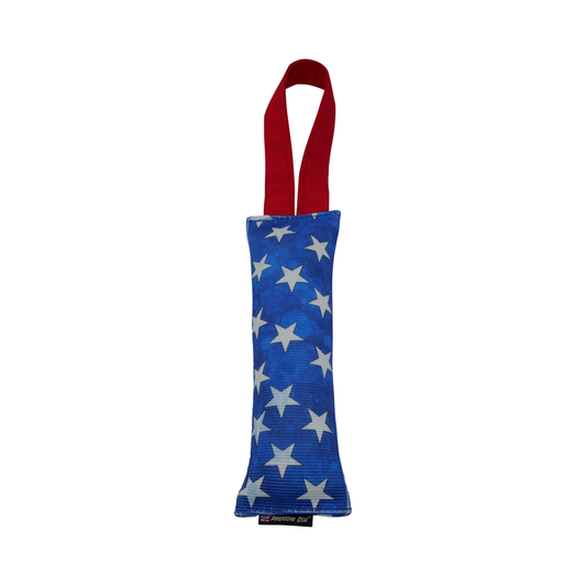 American Dog Firehose Toy with a blue background and white stars, and a red loop at the top