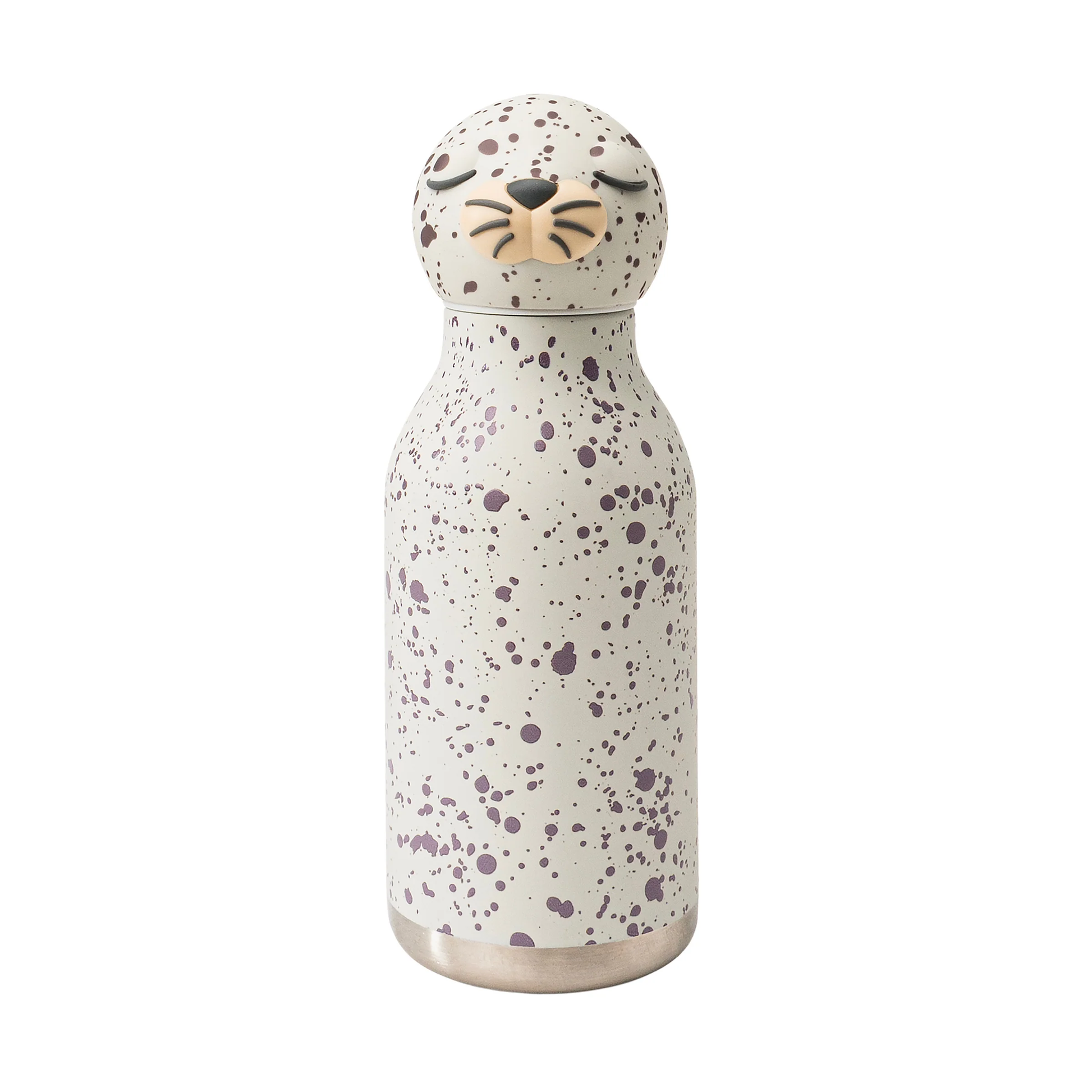 Asobu Bestie Animal Bottle 16oz, a white bottle with purple speckles and a seal head lid