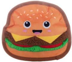 A plush toy shaped like a hamburger with a smiling face