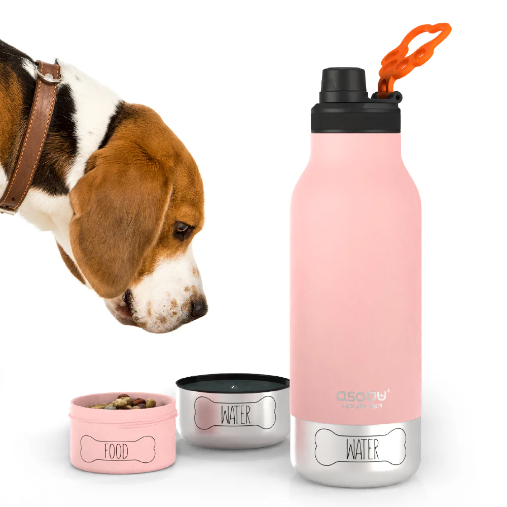 Asobu Barky Bottle in pink with a beagle looking at the detachable food and water bowls