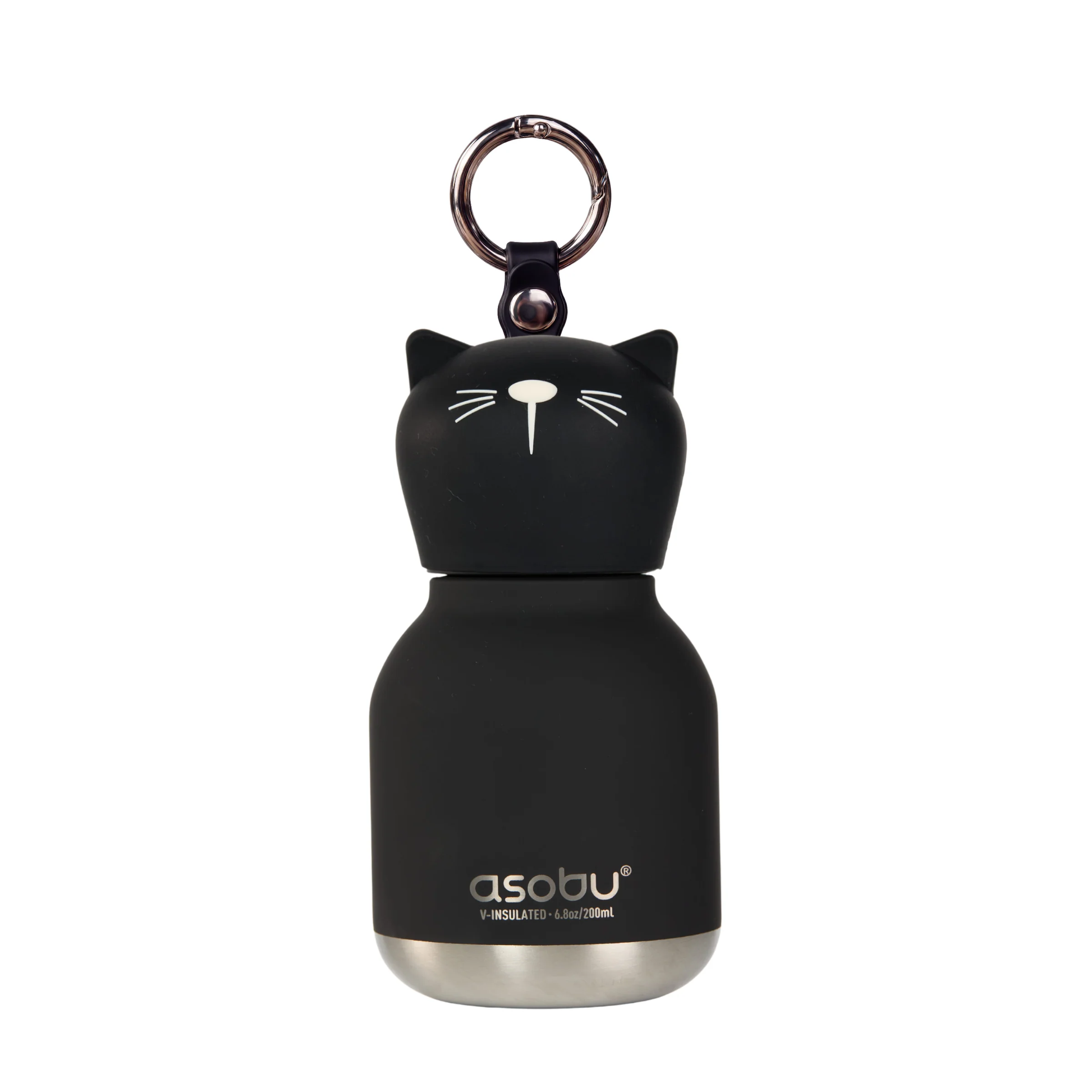 Asobu Mini Bestie Animal Bottle, black cat design, 6.7oz capacity, with a metal keyring