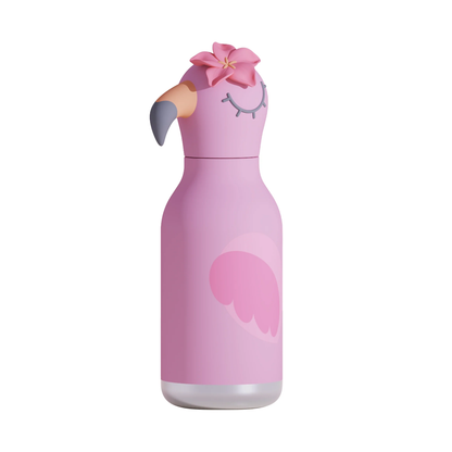 Pink flamingo water bottle with a flower on its head and a wing design on the side