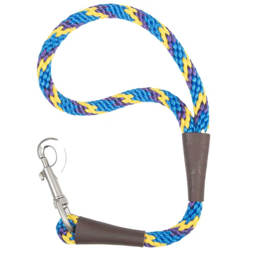 Blue, yellow, and purple braided rope leash with a silver clip and brown leather accents