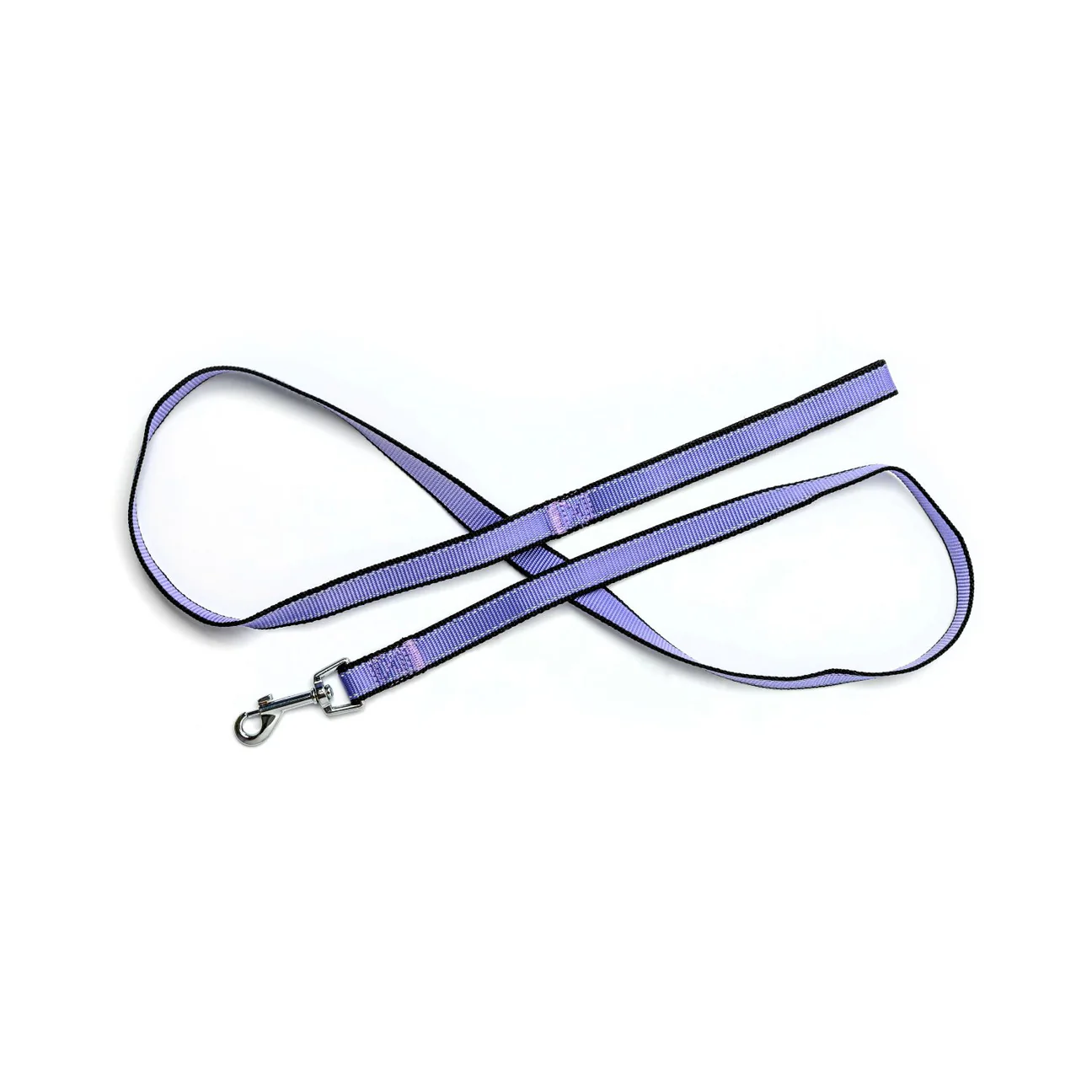 Purple dog leash with black trim and a silver metal clasp