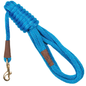 Mendota Pet Long Snap Leash, 15 feet, in blue with a brass snap hook and brown leather accents