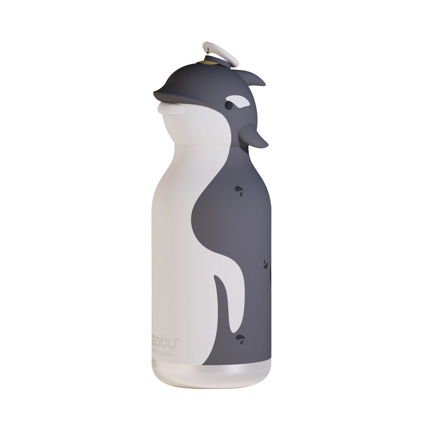 Isobottles 14oz Orca water bottle with a white and black orca design and a small white sailor hat