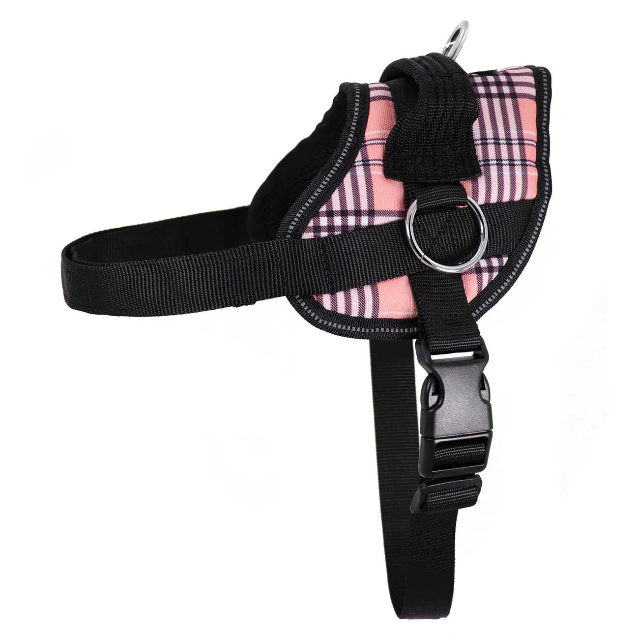 Pink plaid dog harness with black straps and silver metal rings