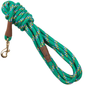 Green rope dog leash with colorful flecks and a brass snap hook