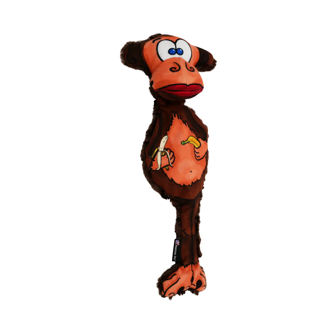 Brown and tan plush monkey dog toy with a banana design on its belly