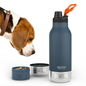Asobu Barky Bottle- 34oz with two detachable bowls, one for food and one for water, next to a beagle