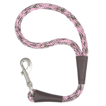 Pink and green braided nylon dog leash with a silver metal clip and brown leather accents