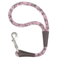 Pink and green braided nylon dog leash with a silver metal clip and brown leather accents