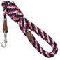 Red, white, and blue rope dog leash with a silver clip and brown leather accents