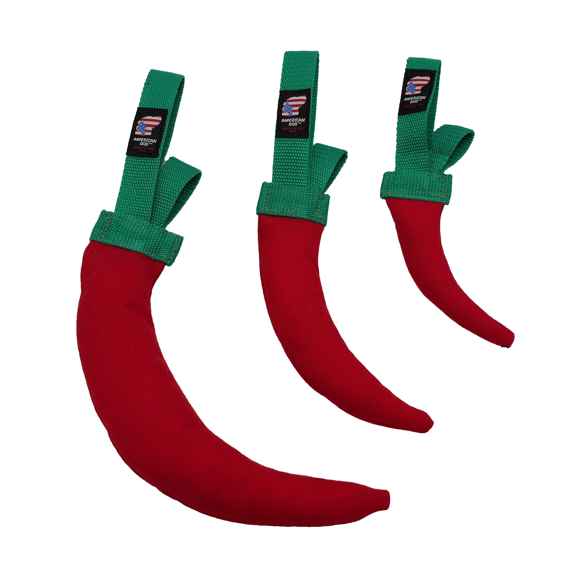 Three American Dog Classic Toys in red and green, shaped like chili peppers
