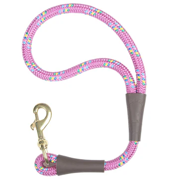 Pink rope dog leash with a brass clip and colorful flecks