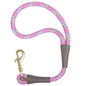 Pink rope dog leash with a brass clip and colorful flecks