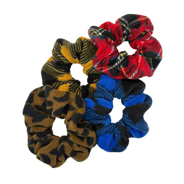 Gold Paw Series Scrunchies in various patterns including leopard print, plaid, and solid colors