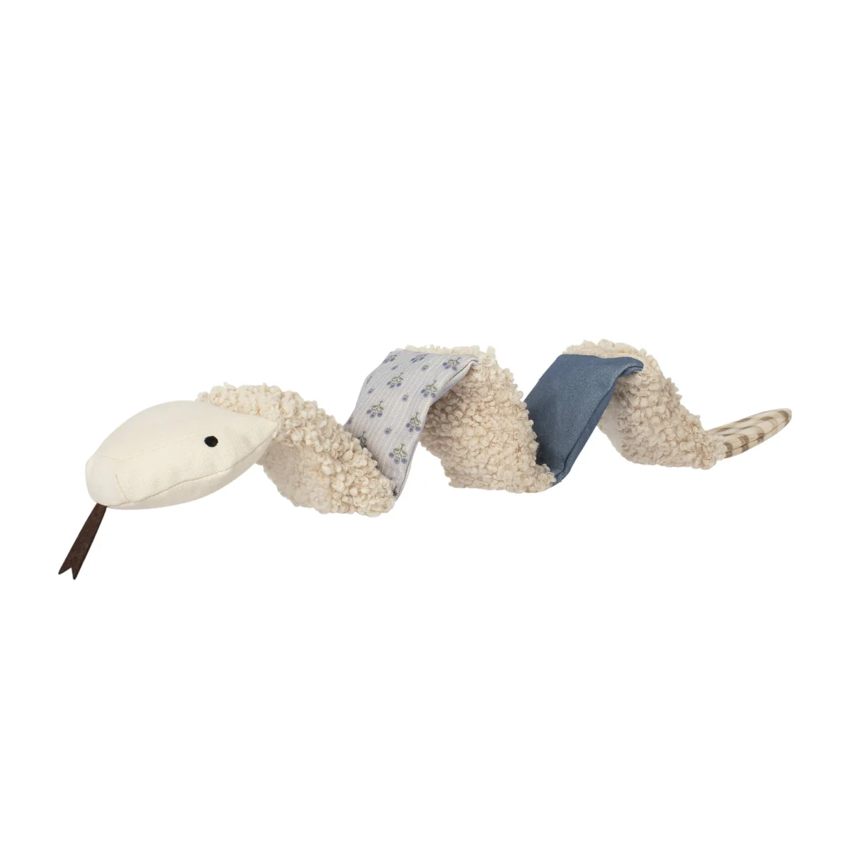 Soft toy snake with a cream head, black eyes, and a brown tongue. Its body is textured cream, blue, and floral