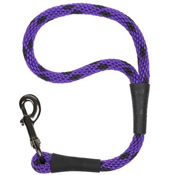 Purple and black rope dog leash with a metal clip