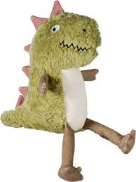 Green dinosaur plush toy with pink spikes and a cream belly