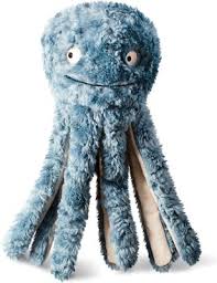 Blue fluffy octopus soft toy with white eyes and a small smile