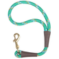 Green rope dog leash with colorful flecks and a brass snap hook