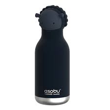 Asobu black insulated water bottle with a lion head lid