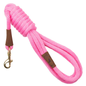 Pink rope dog leash with brass snap hook and brown leather accents